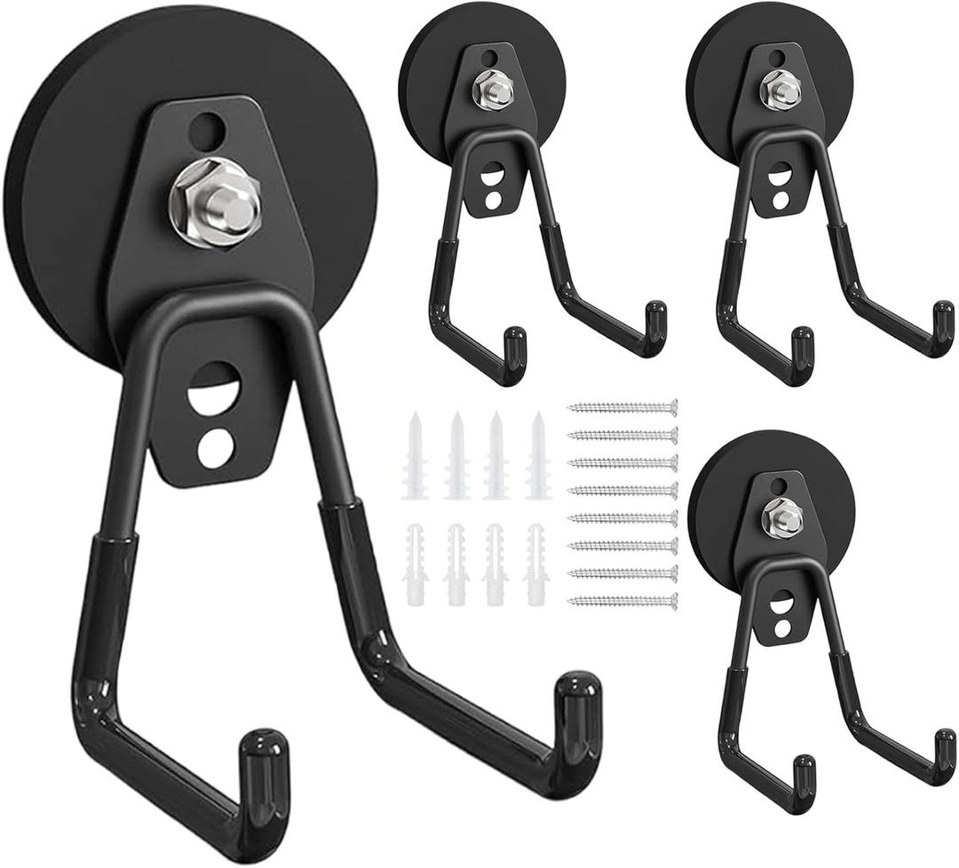Magnetic Hooks Heavy Duty 4 Pack - 66mm Large Strong Magnet Hooks with Anti-Slip Rubber Coating for Garage, Workshop, Garden Tools, Power Drill, Pegboard (Black, Large)