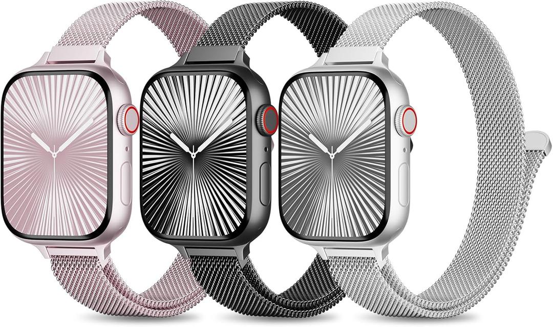 3 Pack Slim Metal Loop Compatible with Apple Watch Band 42mm 41mm 40mm 38mm 46mm 45mm 44mm 49mm Women Men, Thin Stainless Steel Magnetic Strap for iWatch Bands Series 11 10 9 8 SE 7 6 5 4 3 Ultra (Pink/Black/Silver)
