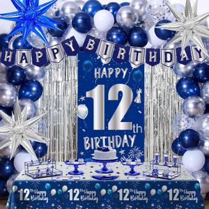 12th Birthday Decorations Boy, Happy 12th Birthday Decorations for Boys Girls, Blue 12 Year Old Birthday Banner Decoration Balloons Tablecloth Foil Backdrop Star Balloons, 12th Bady Decor for Teens