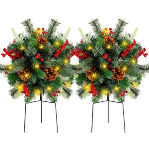 Liliful 2 Sets Outdoor Christmas Urn Filler 18 Inch Lighted Artificial Christmas Tree, Battery Operated Pre Lit Artificial Light up Planter Filler Lighted Xmas Trees with LED Lights Timer