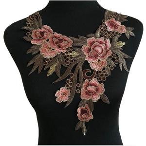 Embroidered Lace Neckline Collar Warm Tones Floral Brown Leaf Applique Patches Scrapbooking Embossed Sewing (Wine Red A)