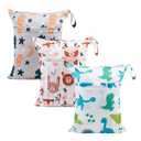 babygoal Wet Dry Bags for Baby Cloth Diapers, Washable Travel Bags, Beach, Pool, Gym Bag for Swimsuits & Wet Clothes with Two Zippered Pockets, Pack of 3, 3LN23 (Animal world)