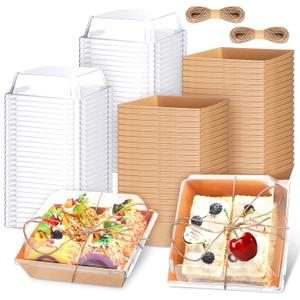 PerKoop 100 Pack 4 Inch and 5 Inch Paper Charcuterie Boxes with Clear Plastic Lid Bulk Disposable Food Containers Box with Brown Rope for Cake Slice Bakery Sandwich Desserts Pastry Fruit Snack Cheese