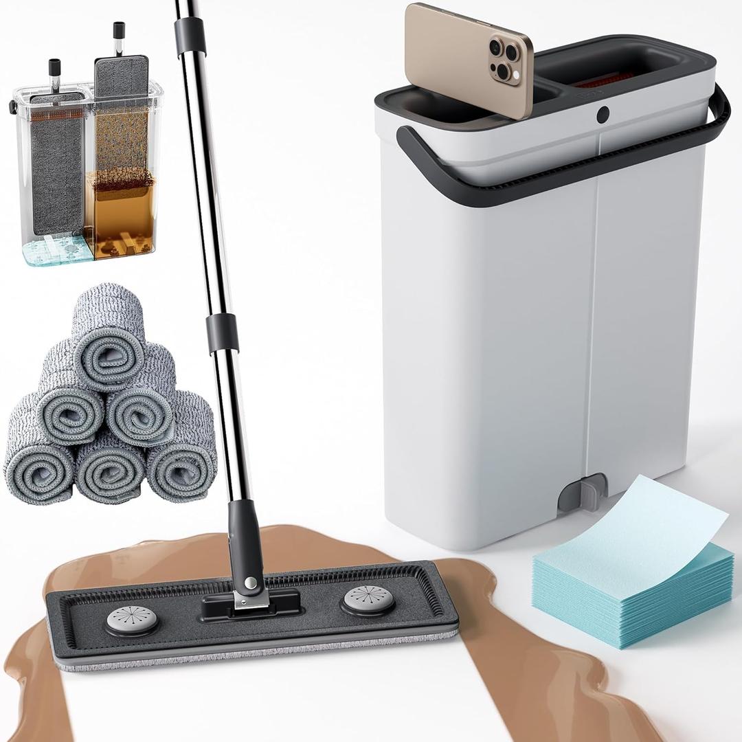 POPMOP Compact Floor Mop and Bucket - Flat Mop and Bucket with Wringer Set Hands Free | Wet Dry Mop for Apartment, Tiny Home, RV, Windows, Wall, Hardwood, Vinyl, Floor with 6 Microfiber Cloths