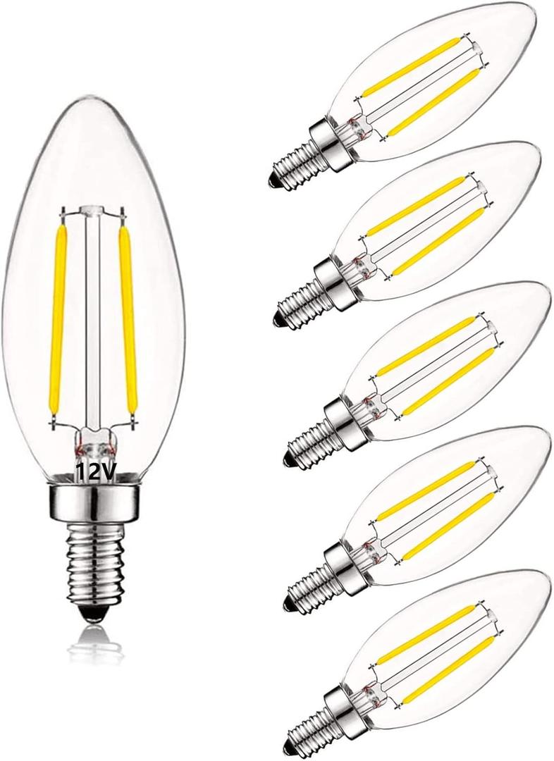 12V Candelabra LED Light Bulb Low Voltage 25 watt Equivalent, 12V LED Bulb E12 3000K 24volt Candelabra Light Bulbs for RV, 6 Pack