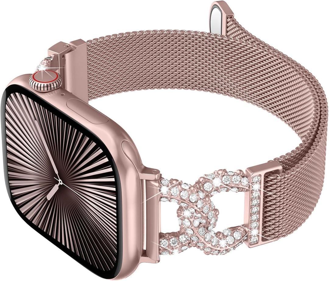 Metal Band Compatible with Apple Watch Bands for Women 38/40/41/42/44/45/46/49mm Stainless Steel Mesh Magnetic Classy C-shaped Diamond Strap for iWatch SE Series 11/10/9/8/7/6/5/4/3/2/1/Ultra (Pink Gold)