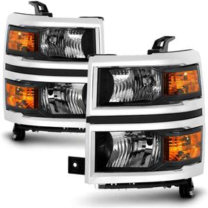 Headlights Assembly for 2014-2015 Chevy Silverado 1500 Halogen Head Light Headlamp Replacement Driver &Passenger Side, Chrome Housing Black Inner Amber Corner