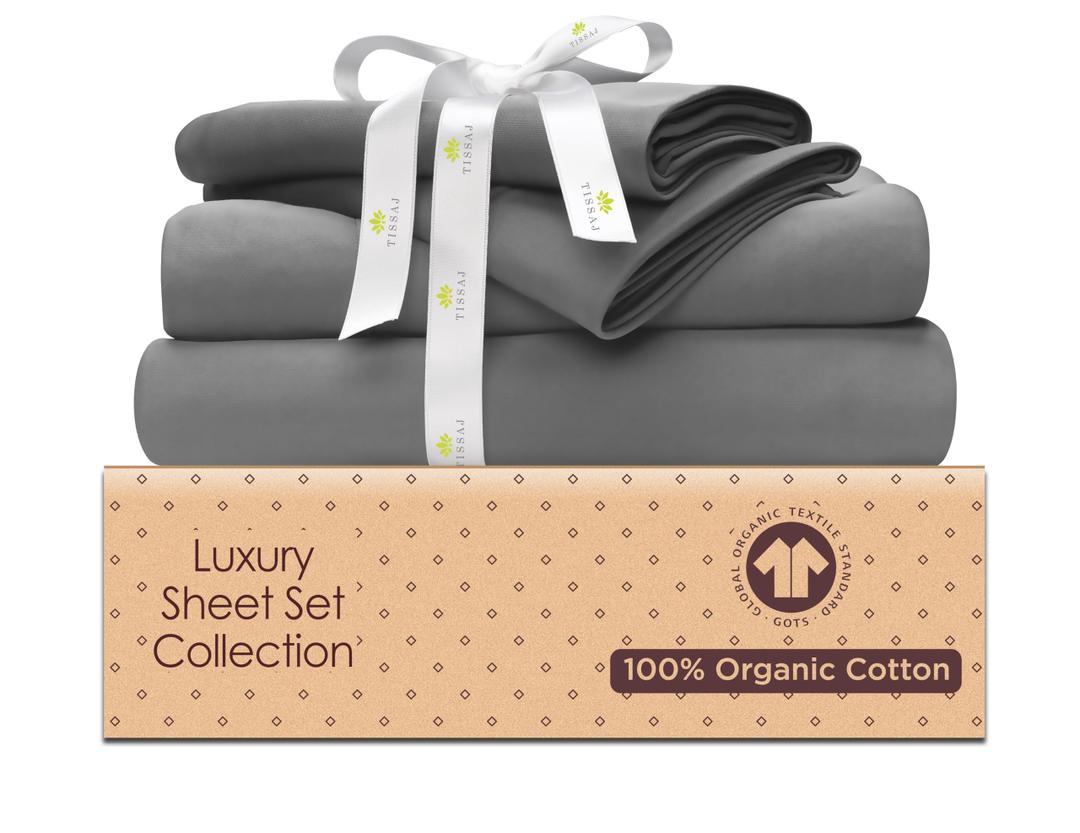 Tissaj Hotel Luxury Bed Sheets Set – King – Natural – Organic Bedding – GOTS Approved – Premium Bed Linen – Sateen Weave – Extra Deep Pockets & Secure Fitting – with Carry Bag – Set of 4