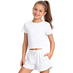 HASMES Girls Crop Tops Athletic Short Sleeve Round Neck Basic Tees for Kids 7-14Y (White)