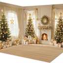 Kate Christmas Trees Backdrop Fireplace Window Curtain Gift Boxes with Wooden Floor Xmas Room Set 3 Pieces Backdrops 8x8ft&10x8ft&10x8ft