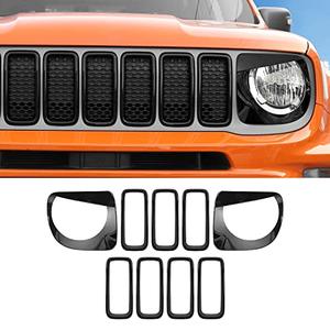 Front Grill Inserts Grille Inserts & Headlight Bezels Cover Trim for Jeep Renegade 2019+ (Black)