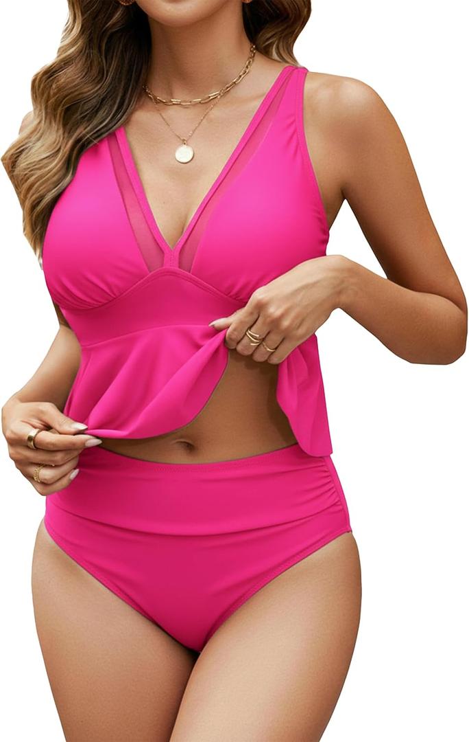 Edelqual Womens Swimsuits Tankini Two Piece Bathing Suits Tummy Control High Waisted Bikini Set 2025 Ruffled Swimwear (Pink, XL)