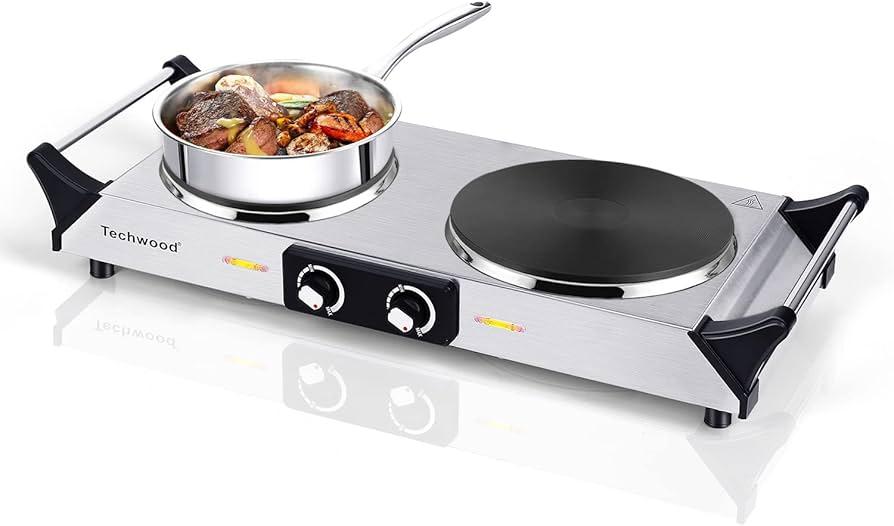 Hot Plate, Techwood 1800W Portable Electric Stove for Cooking Countertop Dual Burners with Adjustable Temperature & Handles, 7.5” Cooktop for Home/RV/Camp, Compatible for All Cookwares, Silver 