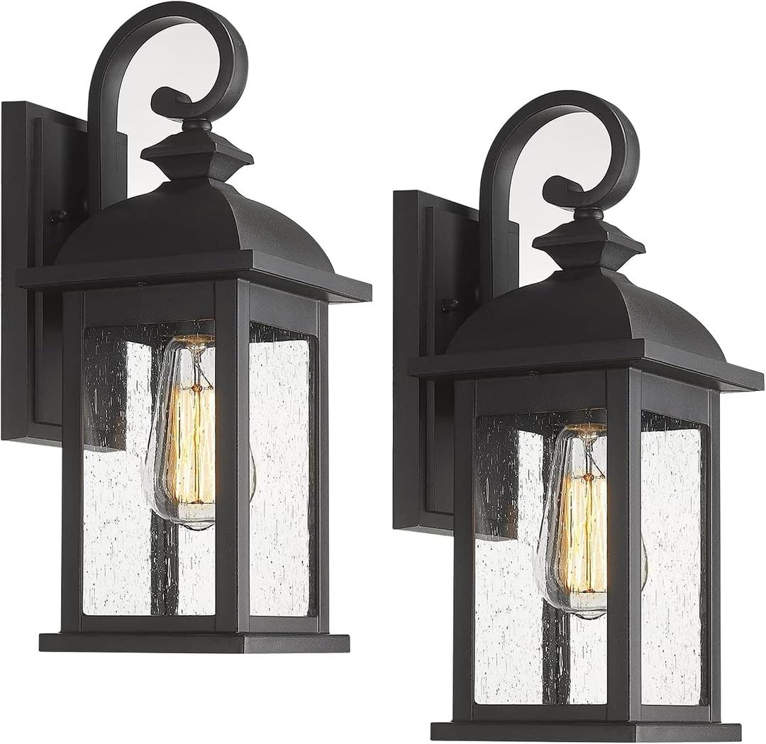 FEMILA Exterior Wall Sconce, 2 Packs Outdoor Waterproof Wall Lights Fixture, E26 Socket Wall Lantern for Porch, Anti-Rust Matte Black Finish with Seeded Glass Lampshade, 4FD54B-2PK BK