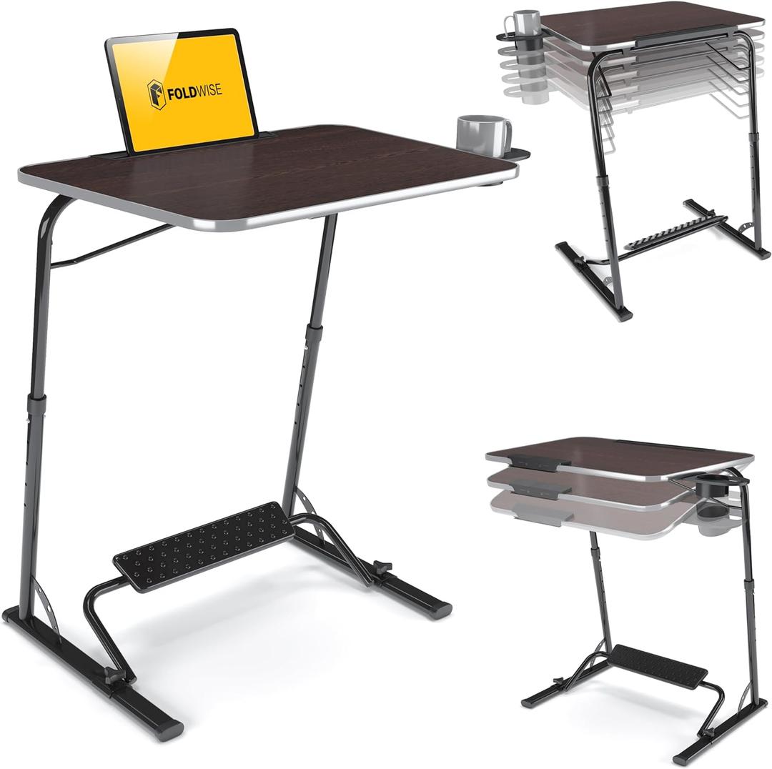 FoldWise Upgraded Folding TV Tray Table - Extra Large & Sturdy Laptop Table for Couch, Height & Angle Adjustable Desk for Dinner, Work & TV - Includes Footrest, Cup Holder, iPad Holder & Edge Stopper ((Black) - Dark Wood Mahogany)