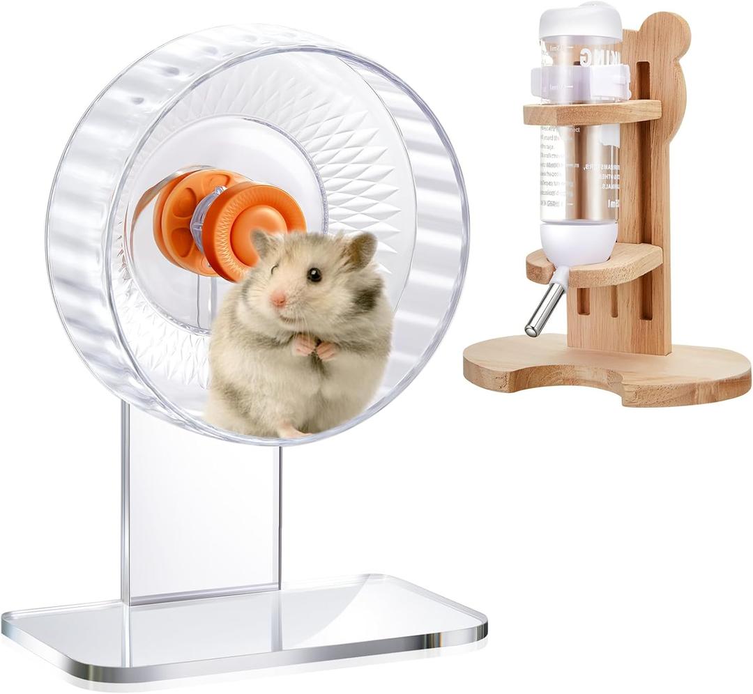 2 Pcs 7 Inch Transparent Adjustable Silent Hamster Exercise Wheels and Hamster Water Bottle Set Guinea Pig Running Wheels with Stand Water Dispenser Stand Holder for Guinea Small Animal