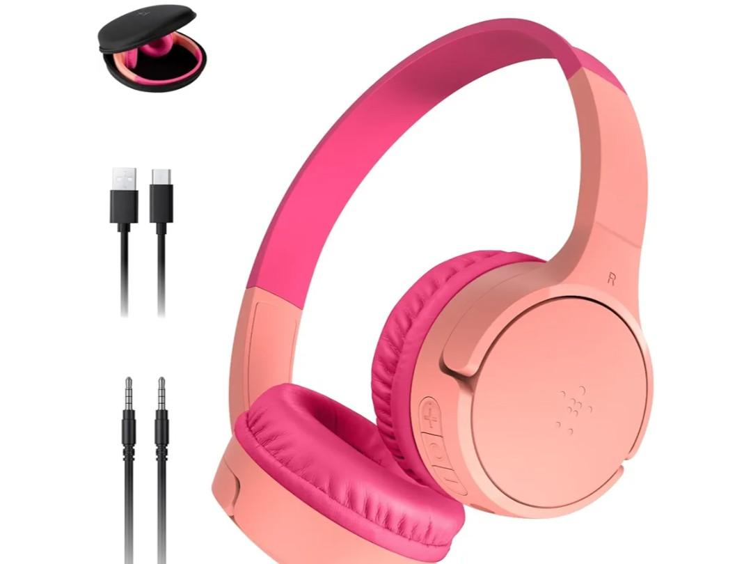 Belkin SoundForm Mini w/Case - Wireless Bluetooth Kids Headphones with 30H Battery Life, 85dB Safe Volume Limit, Built-in Microphone - Kids On-Ear Earphones for iPhone, iPad, & More - Pink