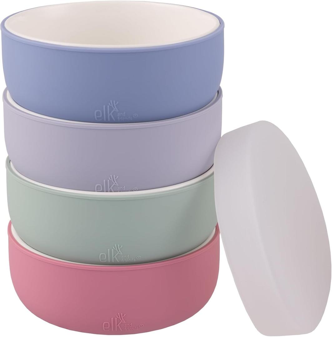 Elk and Friends Kids Porcelain Bowl with Silicone Sleeve + Silicone Lid | Kids/Toddler/Baby Feeding | Microwave & Dishwasher Safe | Non slip | Cereal/Soup/Snack Dishes & Dinnerware, Blush/Misty