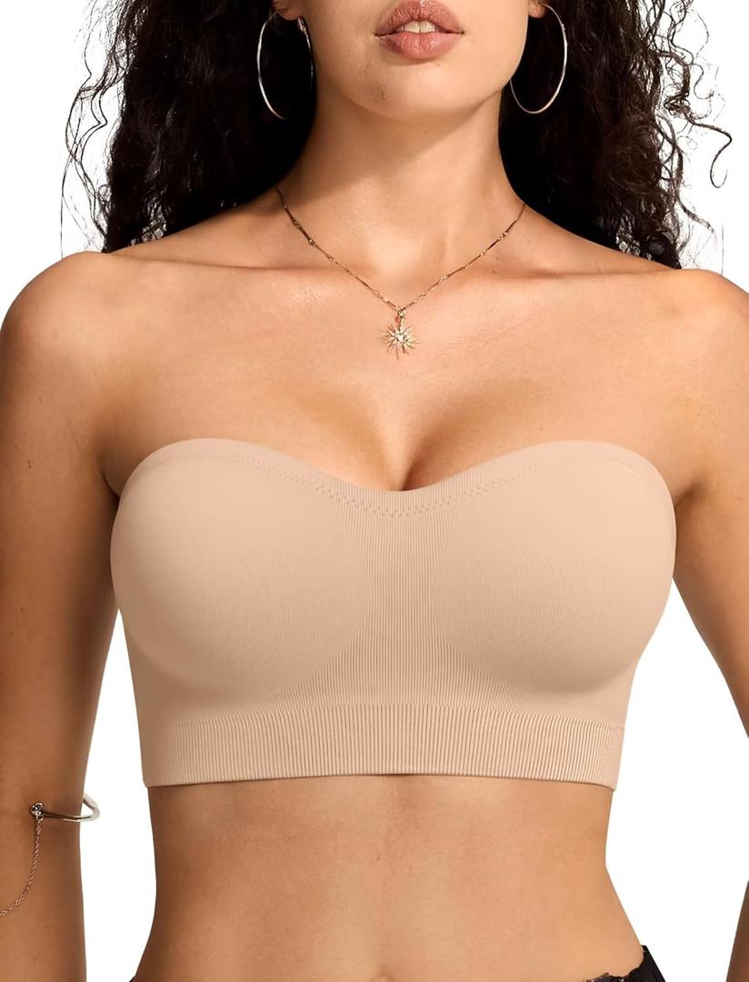 Vertvie Strapless Bras for Women Non-Slip Push Up Wireless Bandeau Bra Seamless Comfort Tube Top Supportive Padded Bralette (X-Large, Nude)