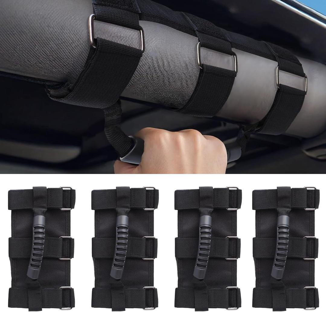4 Pack Grab Handles for Jeep Wrangler CJ YJ TJ LJ JK JKU JL JLU & Gladiator JT (1955Present)  Roll Bar Handles with Upgraded Metal Buckles & Reinforced Stitching, Easy Install Front & Rear