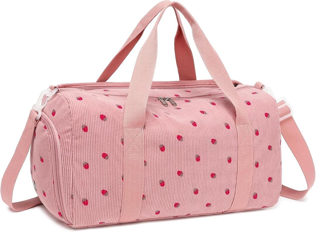 BLUBOON Duffle Bag Girls Kids Cute Gym Bag with Shoes Compartment & Wet Separation Waterproof Sports Overnight Travel Bag (Strawberry Corduroy Pink)