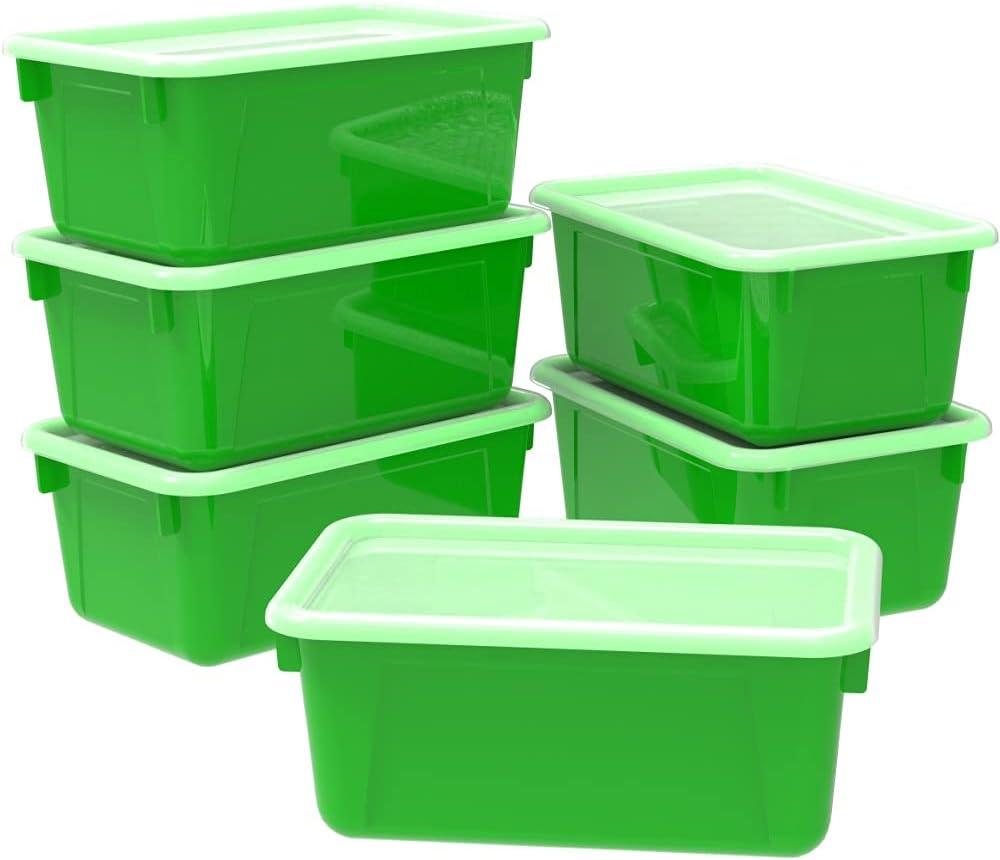 Storex Small Cubby Bins  Plastic Storage Containers for Classroom with Non-Snap Lid, 12.2 x 7.8 x 5.1 inches, Green, (62409U05C) (Pack of 5)