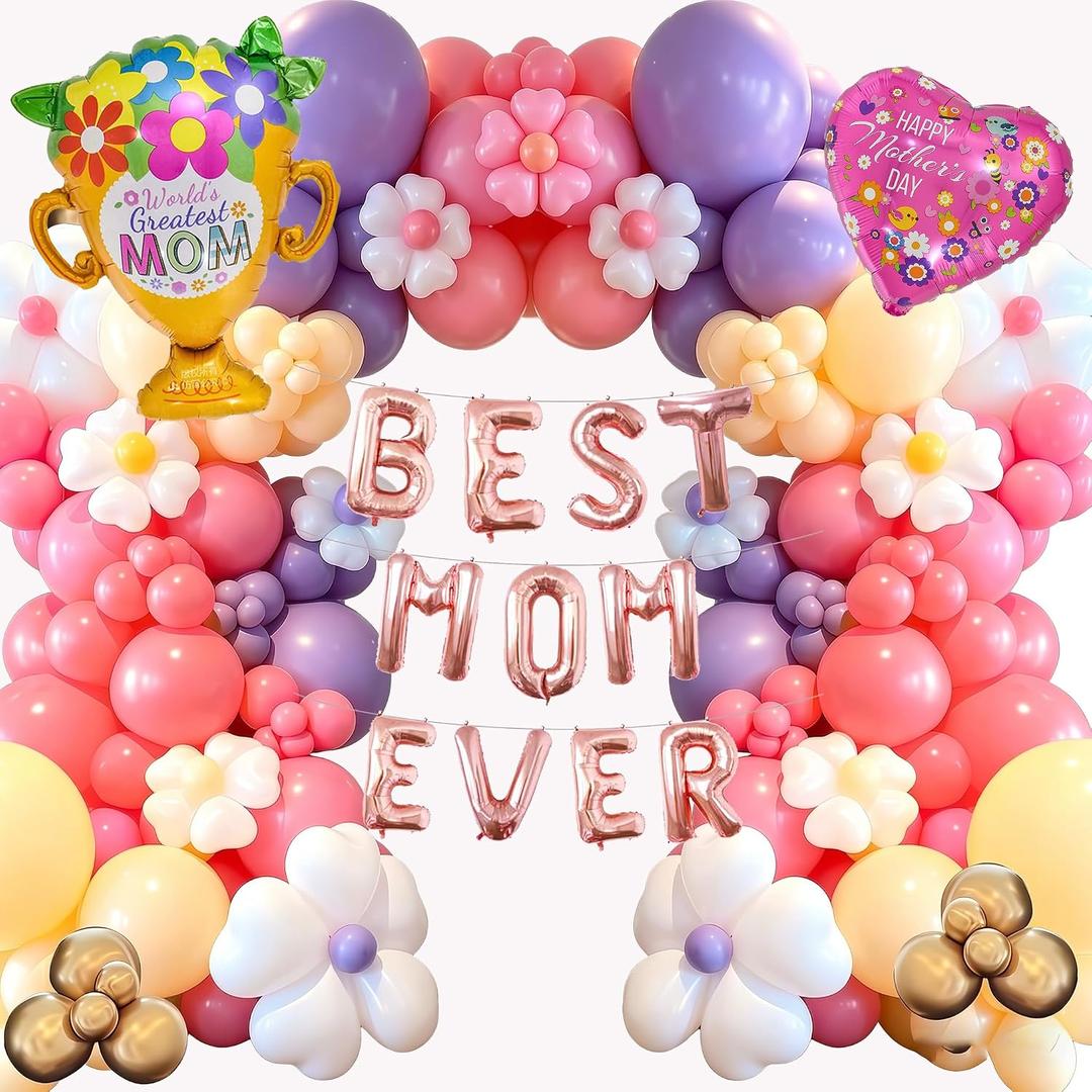 Mother's Day Balloon Garland, 170pcs Balloon Arch with Best Mom Ever Foil Balloon for Happy Mother's Day Party Supplies Birthday Decorations