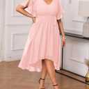 Talisea Plus Size Dresses Wedding Guest - Formal Cocktail Chiffon V Neck Short Sleeve High Low Dress Curvy Women (Pink, 18 Plus)
