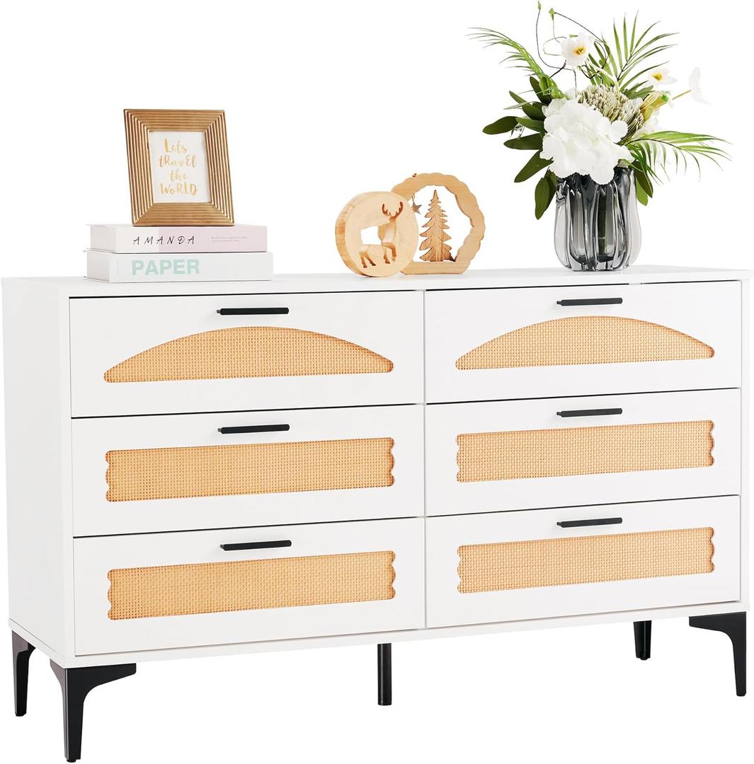 6 Drawer Double Dresser for Bedroom, Wood Rattan Dresser for Closet with Metal Handles, Boho TV Stand with Drawers, White Dressers & Chests of Drawers for Bedroom, Hallway and Entryway