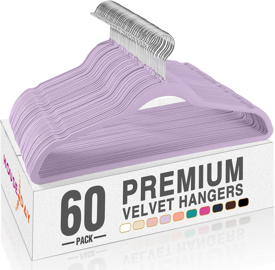 HOUSE DAY Lt-Purple Velvet Hangers 60 Pack, Non Slip Clothes Felt Hanger Heavy Duty for Coat, Premium Slim Space Saving Suit Hangers for Closet Organizer, 360 Rotating Silver Hook