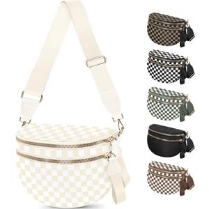 Spacious Nylon Checkered Crossbody Bum Bag for Women, Fashion Checkerboard Fanny Pack Purse with Anti-theft Pocket, Adjustable Wider Strap Wasit Bag (Beige)