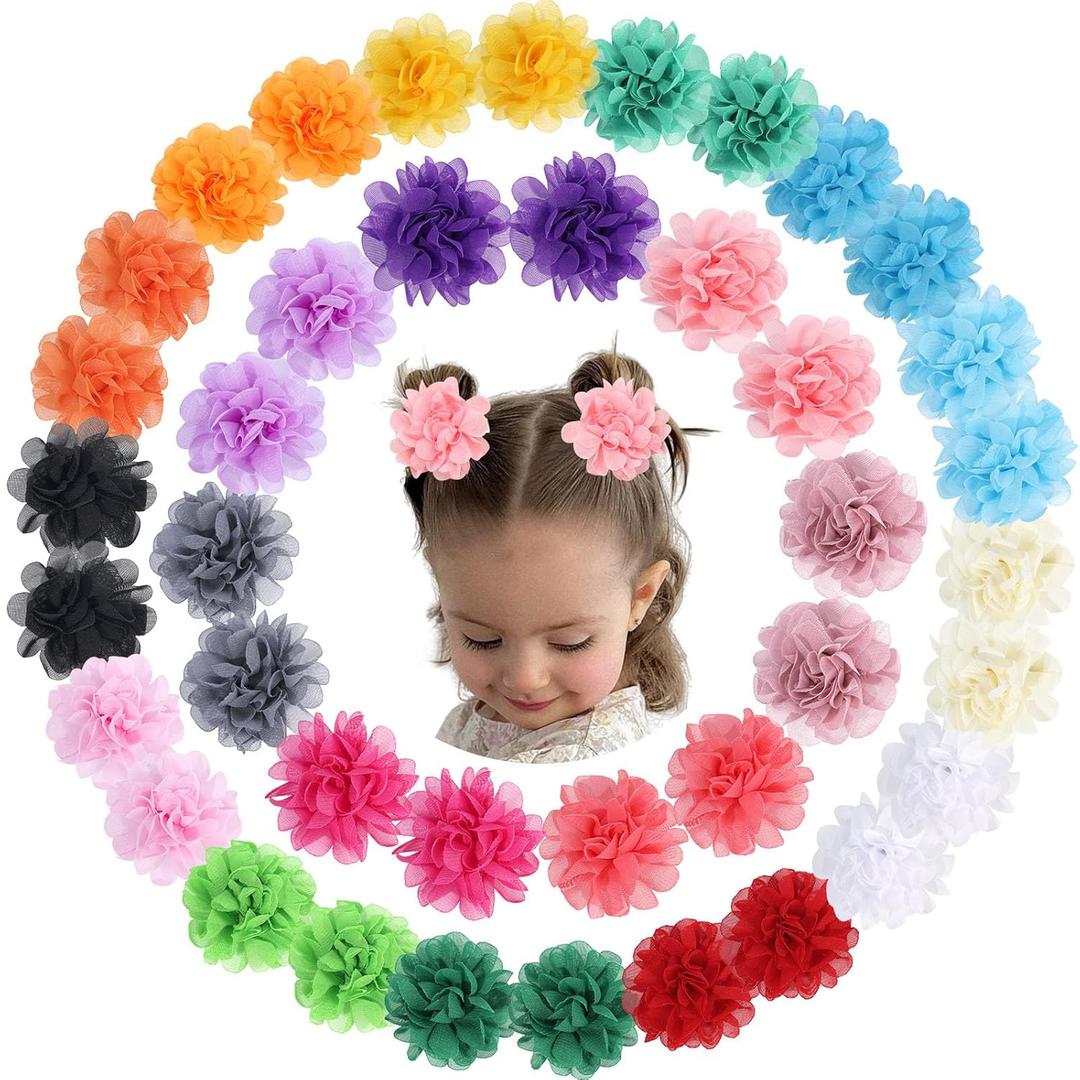 OAOLEER 40pcs 2" Flower Baby Hair Bows Clips, Chiffon Flower Tiny Hair Clips Fine Baby Hair Accessories for Girls Infants Toddlers Set of 20 Pairs