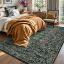 Dark Green Boho 5x7 Area Rugs for Bedroom Aesthetic, Washable Floral Rug for Living Room, Nursery - Low Pile Non Slip French Country Carpet for Dining Room Under Table - Botanical Mat for Indoor