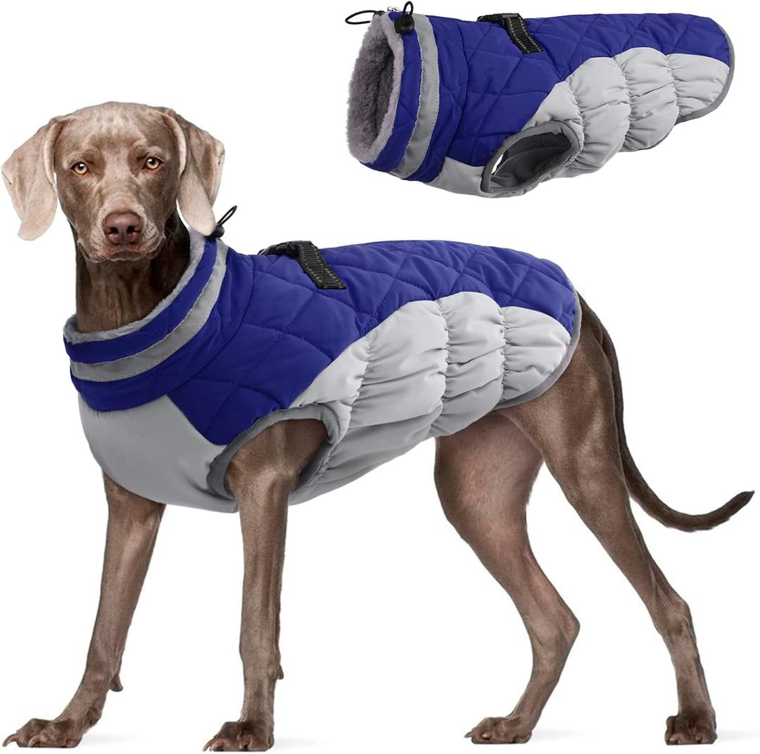 FUAMEY Dog Coat for Large Dogs,Waterproof Dog Winter Jacket with Harness Built in Puppy Cold Weather Coats Reflective Pet Vest with Zipper Warm Fleece Dogs Snowsuit Windproof Blue L (L(chest:24in))