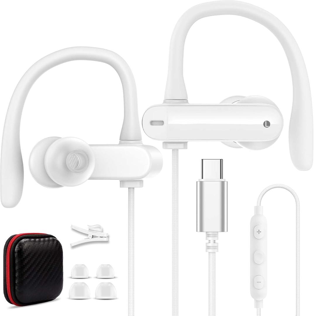 USB C Earbuds Wired Over Ear Headphones for iPhone 17 16 Pro Max/Samsung S26 S25 S24 Ultra A17 A16,Type C Sport Headphones Wired Earphone with Ear Hooks&Loop Microphone for iPad 11 Air/Galaxy Z Fold 7