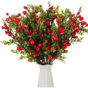 16 Pcs Artificial Pomegranate Branches 25.6 Inches Faux Pomegranate Flower Stem Small Fake Berries Branches for Christmas Decorations Wedding Home Vase Party Decorations