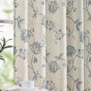 jinchan Linen Curtains Floral Curtains 63 Inch Length for Living Room Bedroom Light Filtering Rod Pocket Back Tab Jacobean Curtains Flax Linen Texture Window Drapes Set 2 Panels Blue on Linen