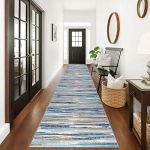 Lansny Modern Abstract Runner Rug 3x18, Blue Washable Long Kitchen Runner Non-Slip Soft Hallway Rug Runner Ultra Thin Print Faux Wool Carpet for Entryway Bedroom Laundry Room Indoor Home Decor