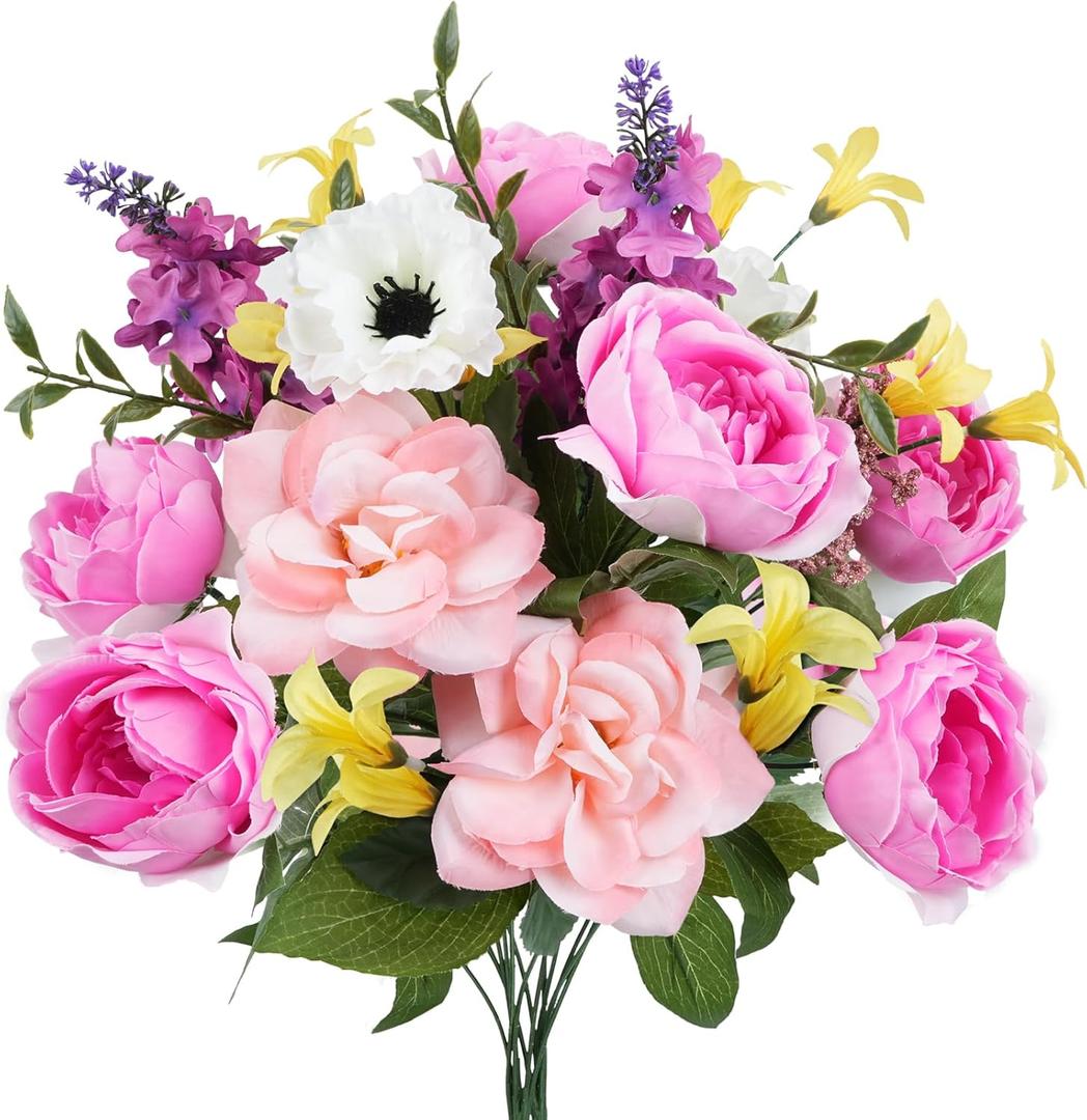 HUAESIN Peonies Artificial Flowers 2 Bundles Summer Fake Flowers Faux Rose Bouquet with Lavender Silk Flower Arrangement for Home Farmhouse Table Centerpieces Cemetery Grave (Colorful)