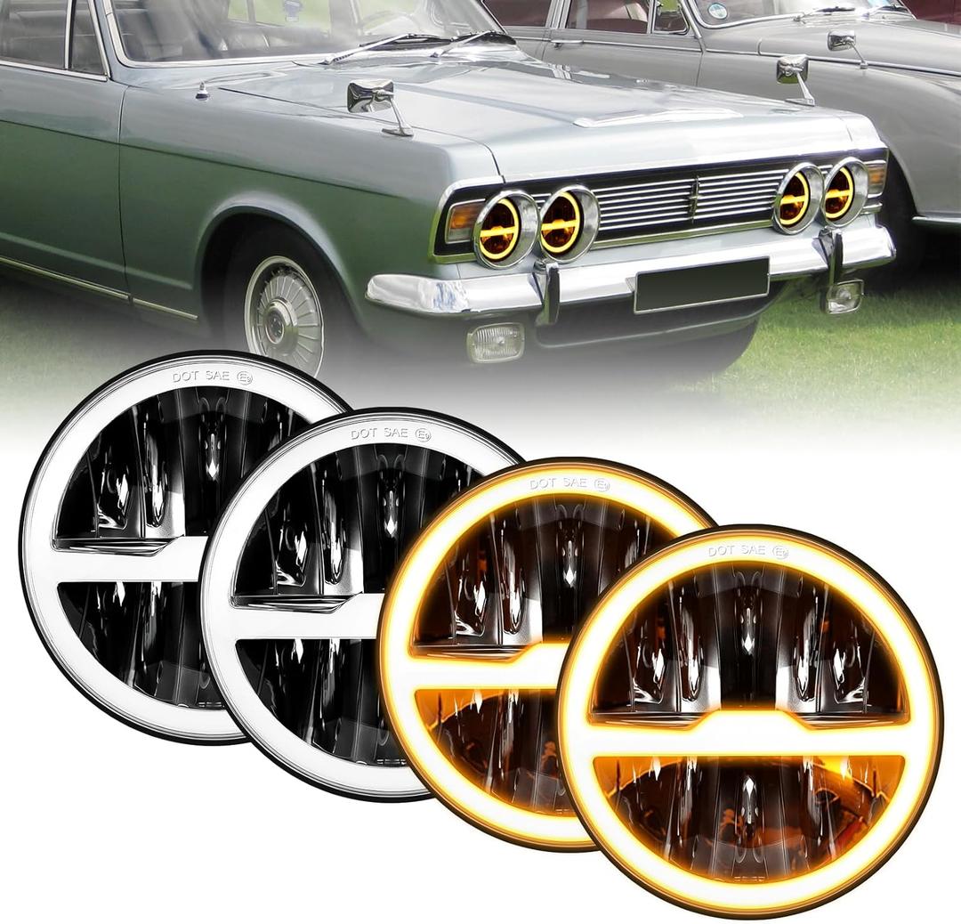 5 3/4 5.75 Inch LED Headlights 12V/24V Universal Daylight with Round Angel Eyes High/Low Switching 4 Light Modes LED Headlights with White Amber DRL for Motorcycle Car ATV UTV Truck Pickup 4PCS