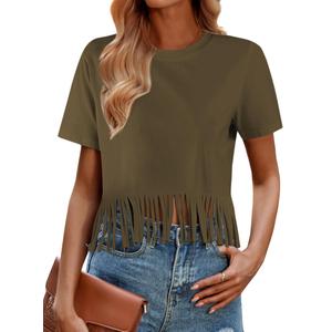 Remidoo Fringe Tops for Women Short Sleeve Crop Top T Shirt Western Cowgirl Cropped Tee Solid Green Small (Green, S)