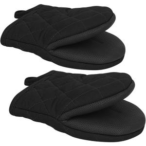 Qulable 1 Pair Short Oven Mitts - Silicone Kitchen Oven Gloves High Heat Resistant 500, Mini Oven Mits with Non-Slip Grip Surfaces and Hanging Loop for BBQ, Baking, Cooking and Grilling (Black)
