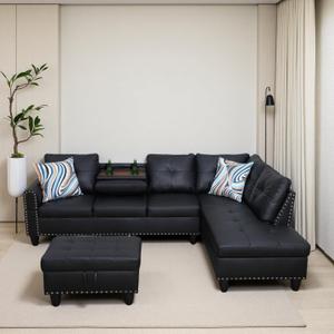 Sectional Couches for Living Room Furniture Sets, 4 Seat Modular Sectional Sofas for Living Room Set with Removable Ottoman, L Shaped Couch Set with 2 Armrest for Apartment, Black