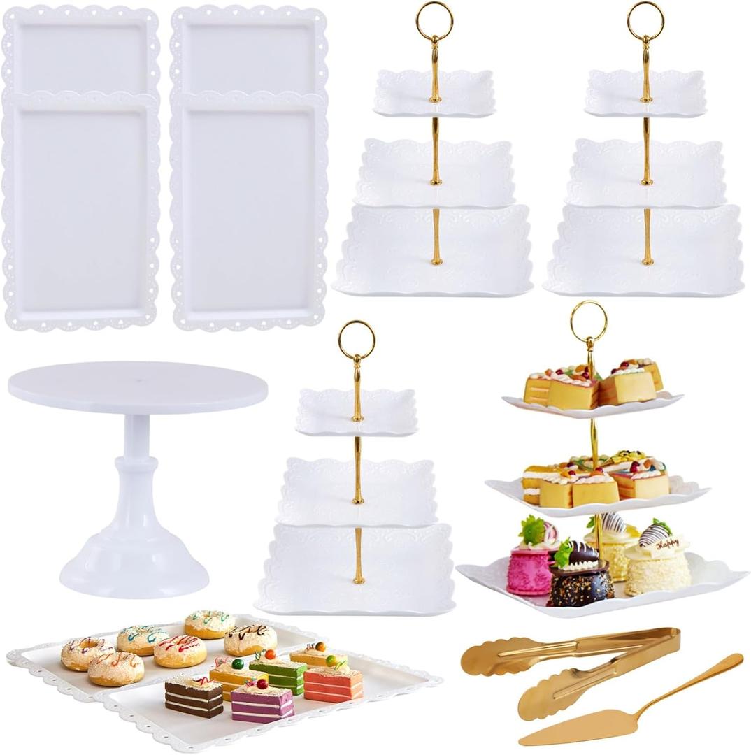 13-Piece Cake Display Set, 4 Square 3-Tier Cupcake Stands, Large Cake Stand, 6 Rectangular Trays, Golden Tongs & Server Dessert Table Display for Weddings, Baby Showers & Parties