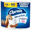 Charmin Ultra Soft Cushiony Touch 2-Ply Toilet Paper, 18 Family Mega Rolls = 90 Regular Rolls, White