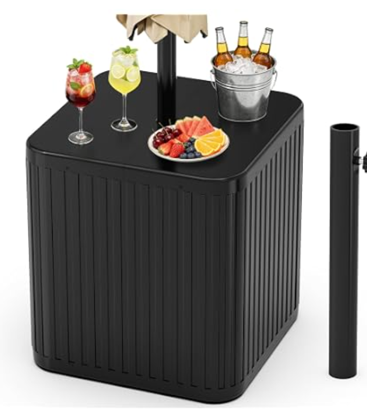 Outdoor Umbrella Stand, Free-Standing Umbrella Side Tables, Patio Umbrella Water Fill Base, Fluted Outdoor Side Table Umbrella Stand, Black | Free-Standing