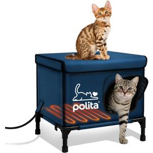 Rugged Heated Cat House for Outdoor Cats in Winter, Extremely Insulated & 100% Weatherproof, Elevated Feral Cat Shelter with Waterproof Eaves & Safe Escape Door for Stray & Barn Cats​​