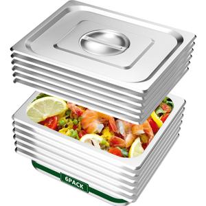 BAKPOCO Hotel Pan With Lid 1/2 Half Size - 2.5" Deep 6 Packs Stainless Steel Food Pan for Steam Table, Commercial Restaurant, Anti Jam, Buffet, Home