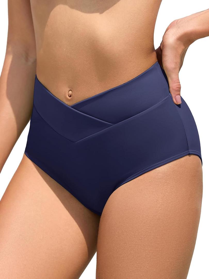 Women's High Waisted Bikini Bottoms V Cut Full Coverage Swim Bottoms Cross Front Bathing Suit Bottoms (Blue), Medium