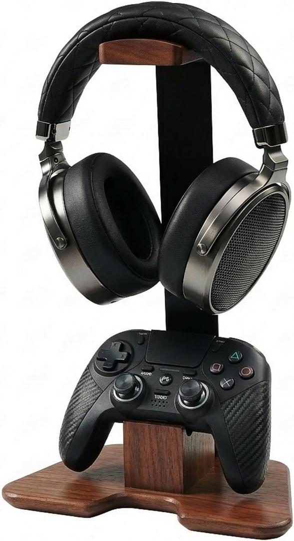 Gaming Headset and Controller Stand - Walnut Wood Headphone and Single Controller Stand, Wooden Headset Stand for Desk, Controller Holder for Xbox, PS5, Switch Pro, PC Gaming Accessories